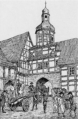 Rittmeister von Kowats führt die Geschütze der Stadt Nordhausen (Foto: Zeichnung: Fritz Teichmüller (1929))