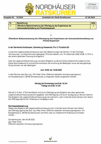 Nordhäuser Ratskurier Nr. 12/2025 erschienen (Foto: )