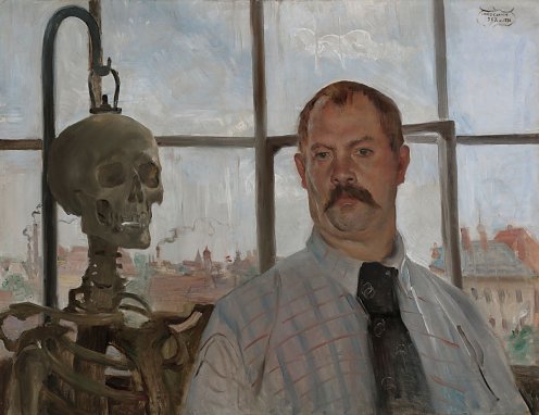 Lovis Corinth, Selbstbildnis mit Skelett, 1896, Leinwand, 68,5 cm x 88,6 cm x 2,1 cm,  (Foto: St&auml;dtische Galerie im Lenbachhaus und Kunstbau M&uuml;nchen)